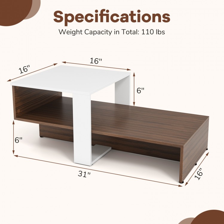 2-tier geometric coffee table in white and brown with unique storage shelves, ideal for living room or reception use.