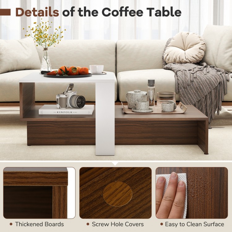 Geometric coffee table with white and brown finish, featuring 2-tier storage shelves and easy-to-clean surface for.