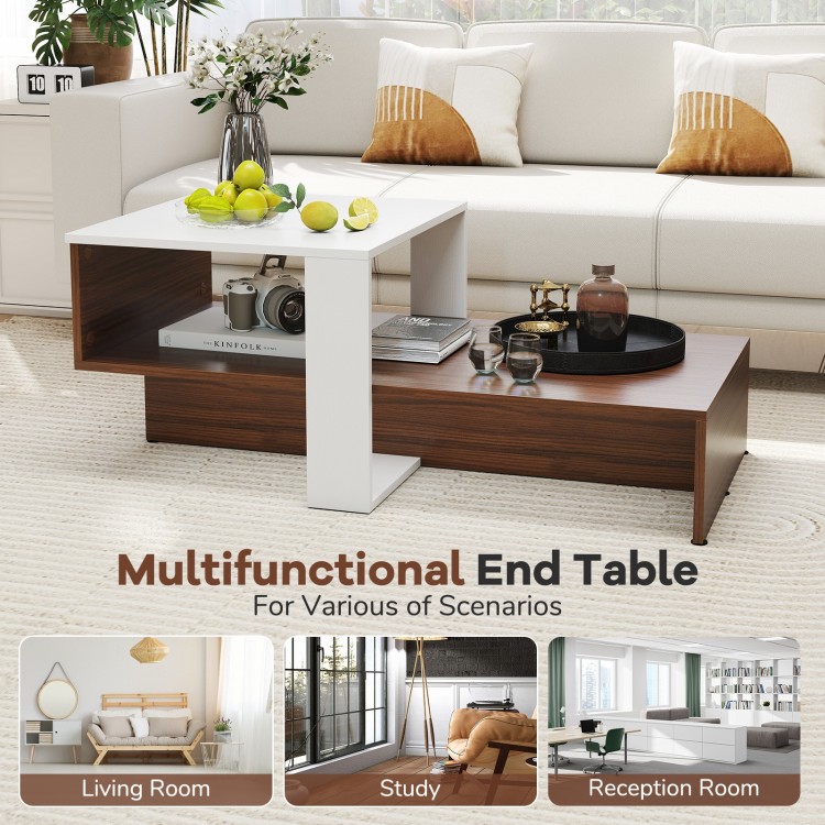 Multifunctional 2-tier geometric coffee table in white and brown with unique storage shelves for living room or.