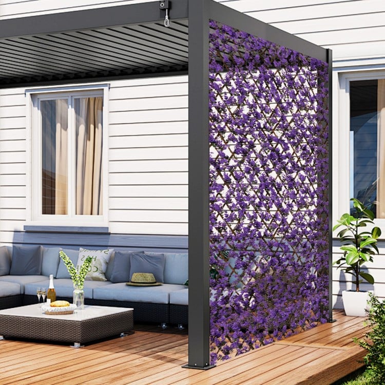 Decorative faux purple eucalyptus fencing panel with real willow frame for balcony or patio privacy and aesthetics.