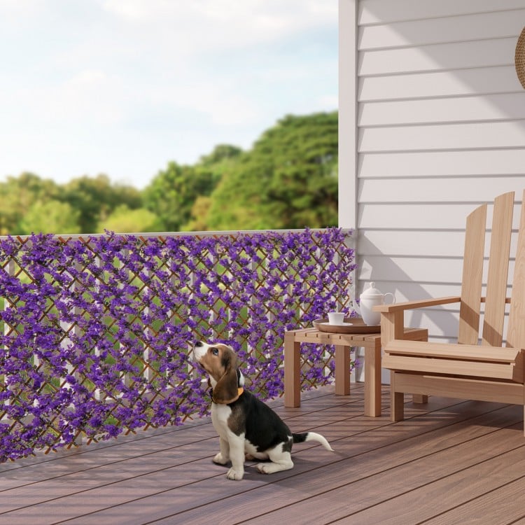 Decorative faux purple eucalyptus fencing panel with real willow frame, ideal for balcony privacy and outdoor decor.