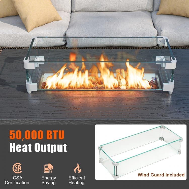 50000 BTU propane gas fire pit table with wind guard and glass rocks, designed for warmth and elegance in outdoor.