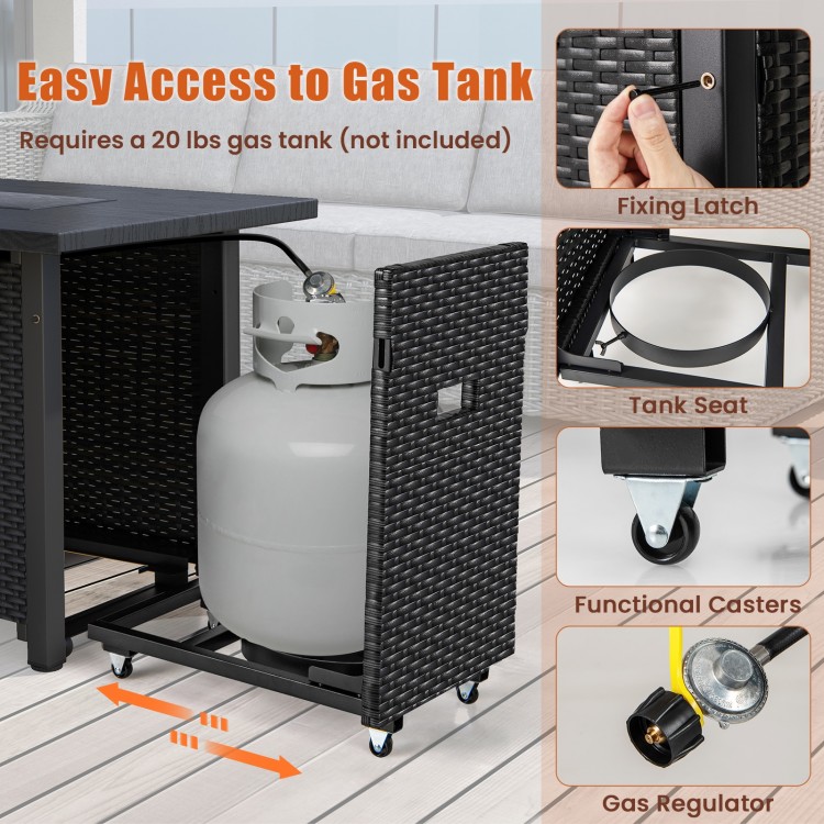 Easy access to the gas tank with latch and casters for the 50,000 BTU propane fire pit table in black rattan.