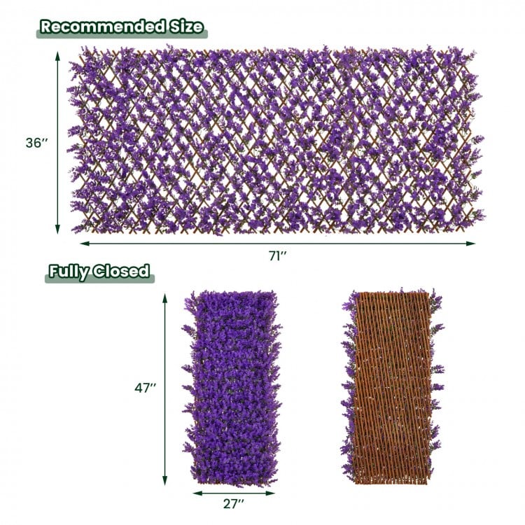 Decorative faux purple eucalyptus fencing panel with real willow frame, adjustable size for privacy screens or green.