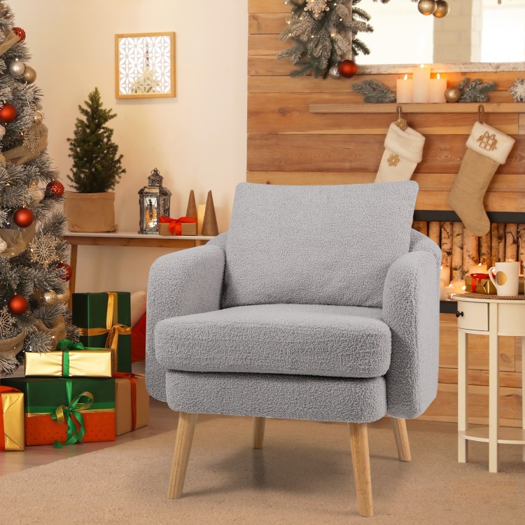 Sherpa accent chair in grey with thick seat cushion and rubber wood legs, perfect for modern living room decor.