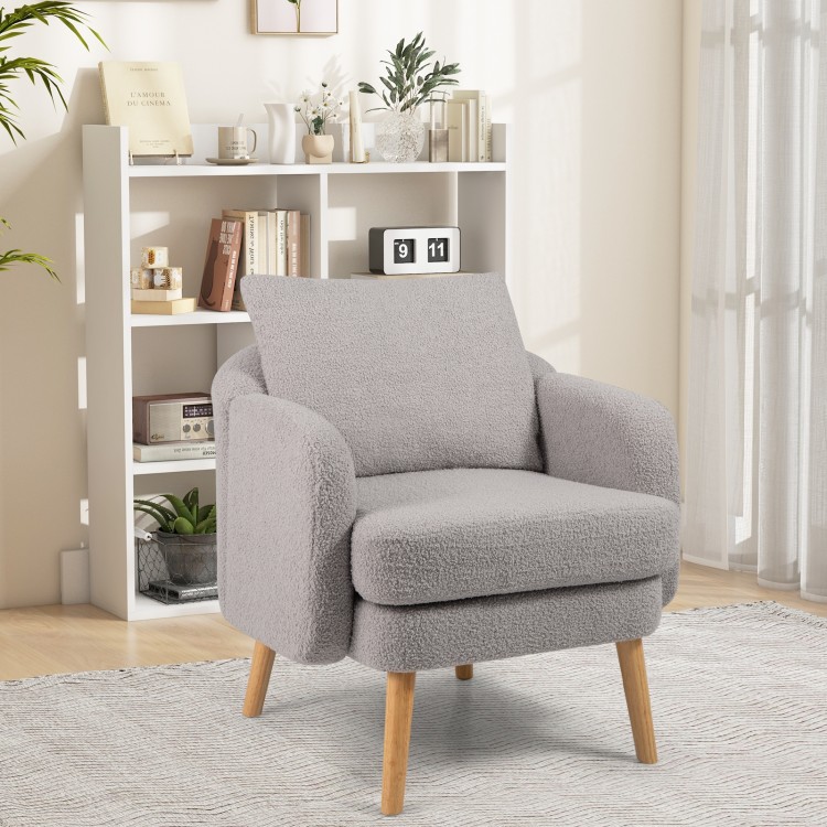 Sherpa accent chair in grey with a thick seat cushion and solid rubber wood legs, perfect for modern living rooms.