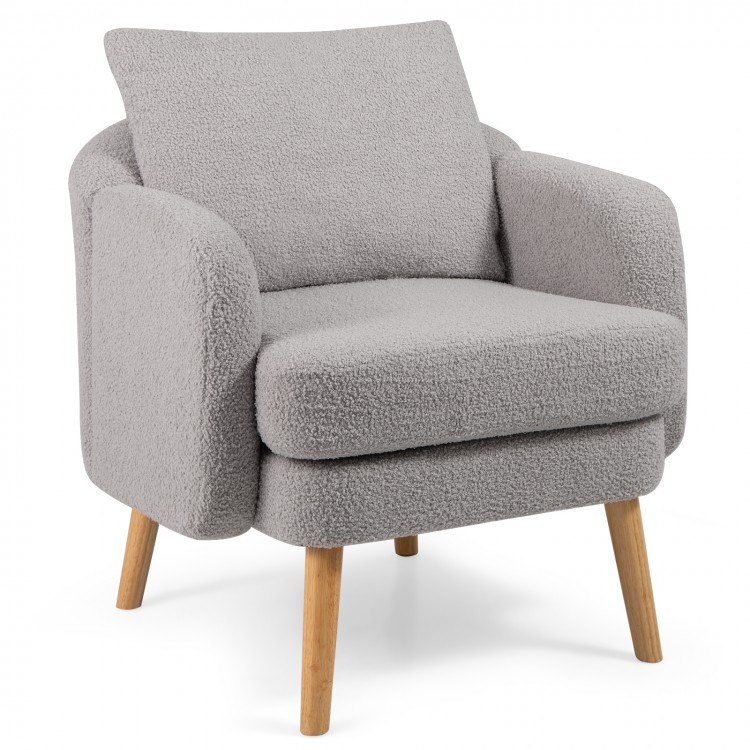 Sherpa accent chair in grey with solid rubber wood legs, featuring a thick seat cushion and curved backrest for comfort.