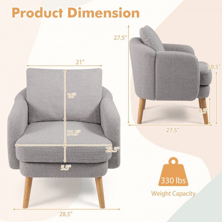 Sherpa accent chair in grey with thick cushion, curved backrest, and rubber wood legs for modern living room comfort.