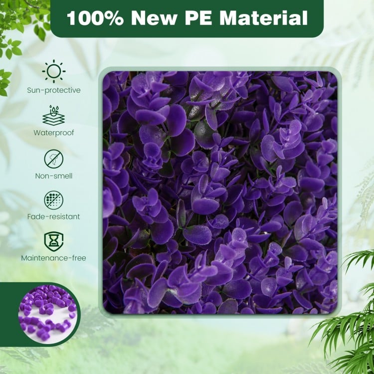 Close-up of decorative faux purple eucalyptus leaves on a real willow frame, ideal for balcony privacy and green walls.
