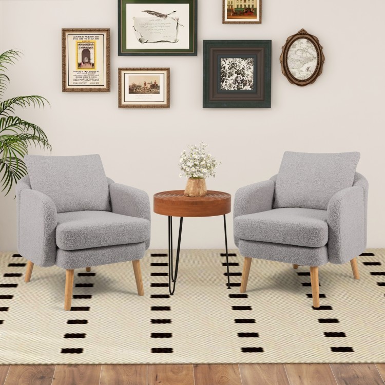 Grey Sherpa accent chairs with thick cushions and rubber wood legs, perfect for modern living room decor.