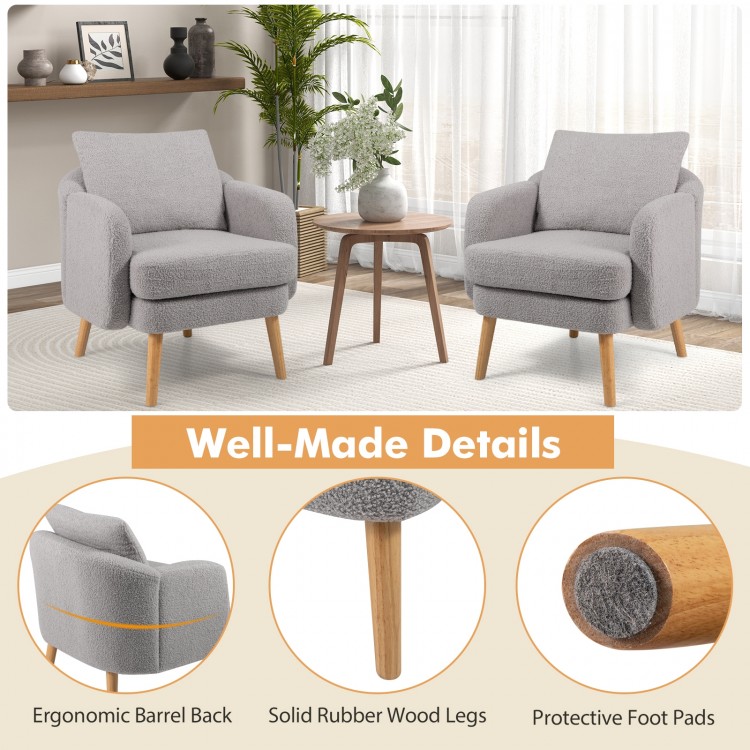 Sherpa accent chair in grey with ergonomic barrel back and solid rubber wood legs, ideal for modern living rooms.