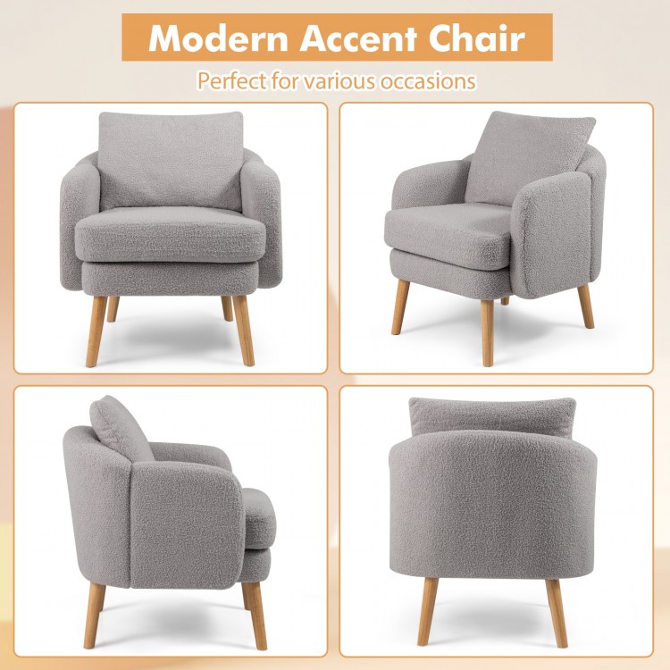 Modern grey sherpa accent chair with curved backrest and solid wood legs, perfect for living room comfort.