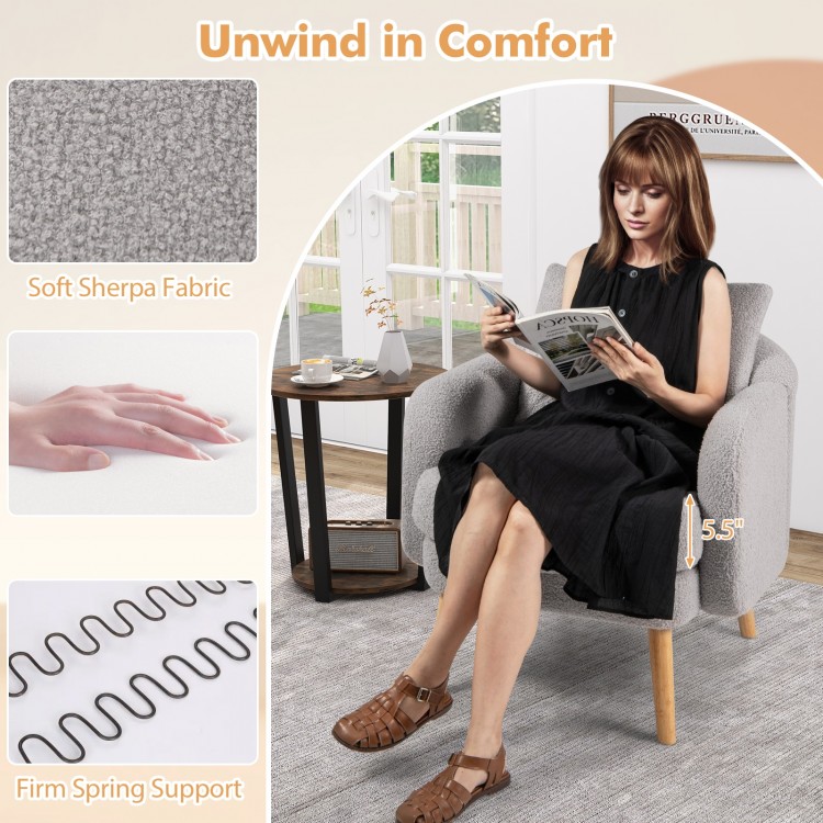 Sherpa accent chair in grey with thick seat cushion and curved backrest, perfect for modern living room comfort.