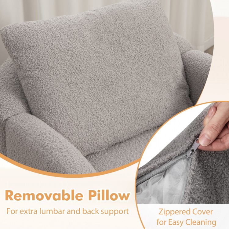 Removable pillow on the grey Sherpa accent chair for lumbar support, featuring a zippered cover for easy cleaning.