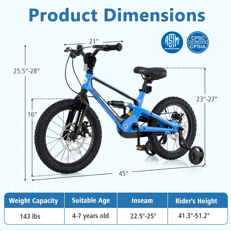 Dimensions of the 16-inch kids bike showing adjustable saddle height and inseam for ages 4 to 7 and weight capacity of.