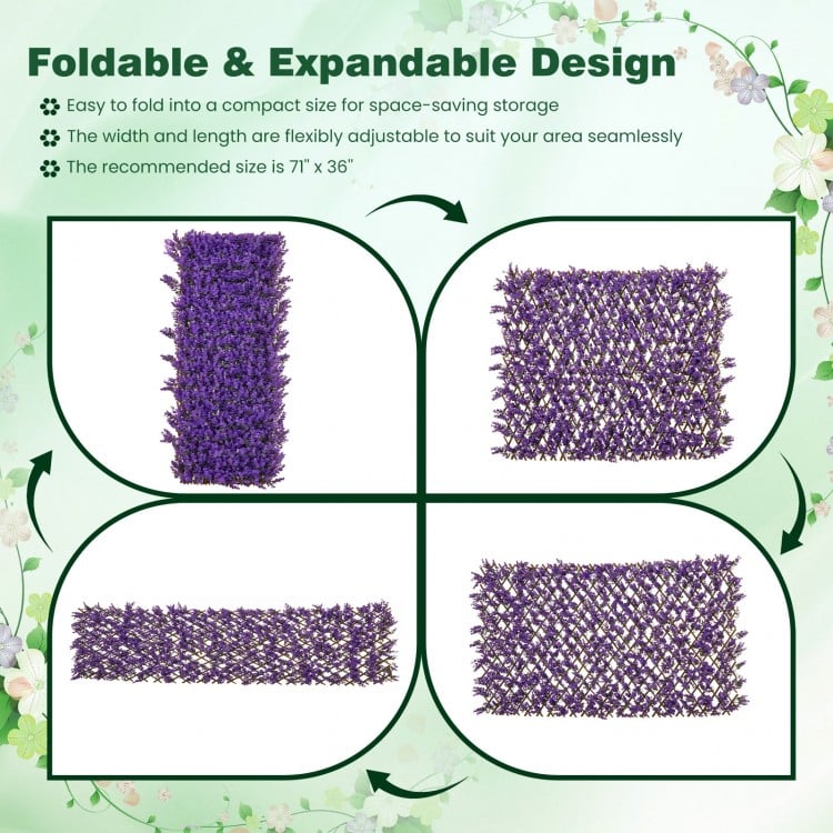 Adjustable decorative faux purple eucalyptus fencing panel showcasing the flexible design for seamless area coverage.