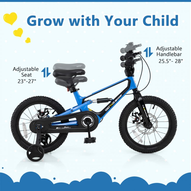 16-inch kids bike with adjustable seat and handlebar, shock absorber, and training wheels for ages 4 to 7.