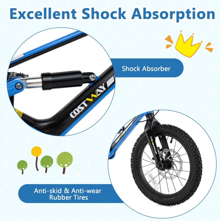 Close-up of the shock absorber and rubber tire on a 16-inch kids bike, featuring excellent shock absorption for smooth.