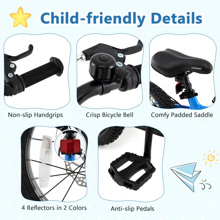 Close-up of the 16-inch kids bike's non-slip handgrips, padded saddle, and bell for enhanced safety and fun.