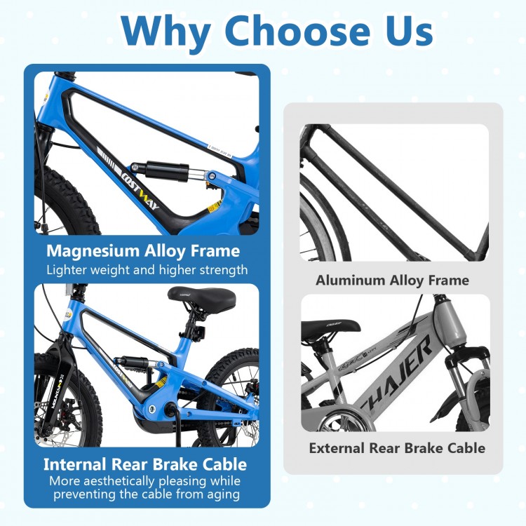 16-inch kids bike with magnesium alloy frame, adjustable saddle, and internal rear brake cable for safe, smooth rides.