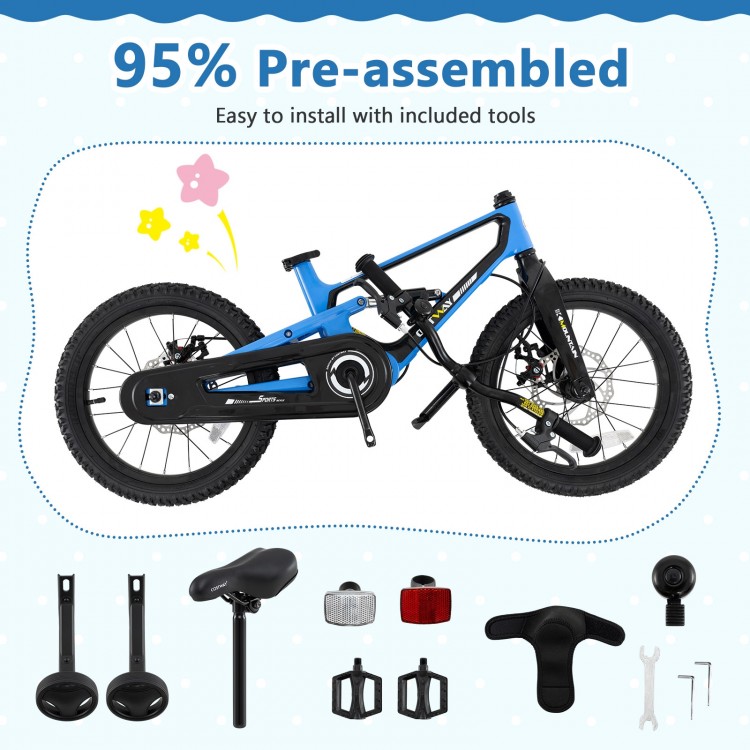 16-inch kids bike in blue with adjustable saddle, shock absorber, and bell, ideal for ages 4 to 7, 95% pre-assembled.