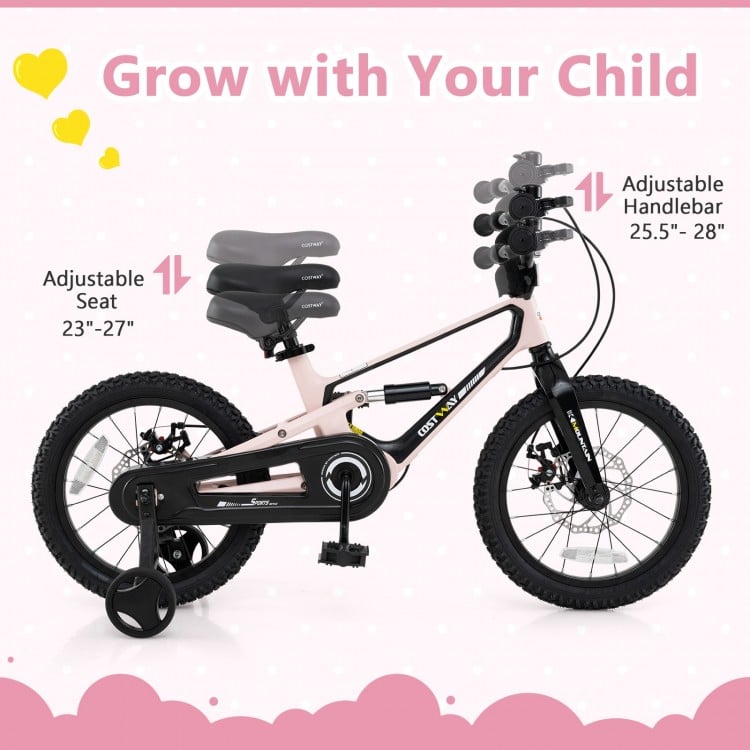 16-inch kids bike with adjustable seat and handlebar, detachable training wheels, and lightweight magnesium alloy frame.