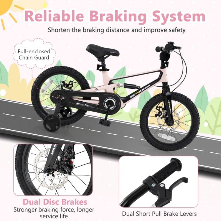 16-inch kids bike with dual disc brakes, adjustable saddle, and detachable training wheels for ages 4 to 7.