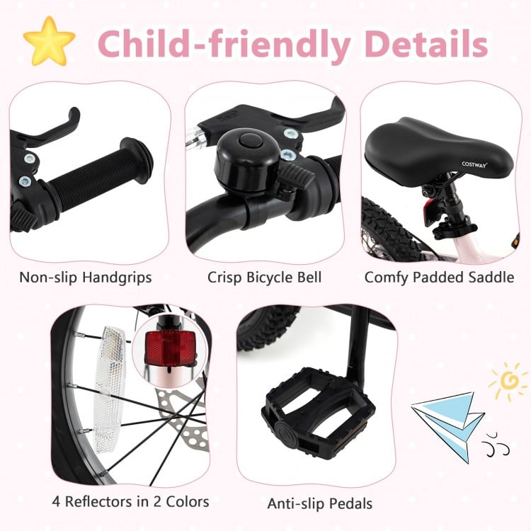 Child-friendly details of a 16-inch kids bike, featuring anti-slip pedals, comfy padded saddle, and reflectors for.