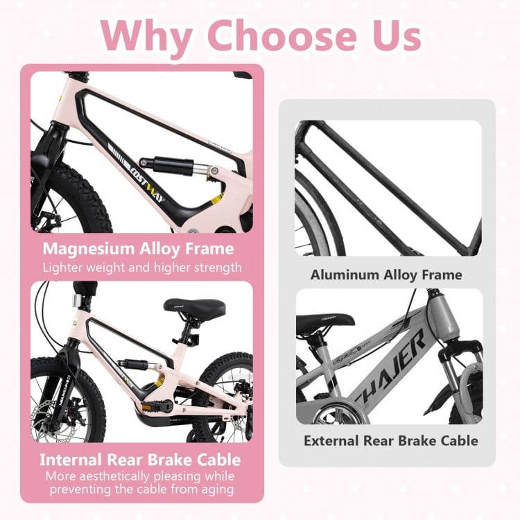 Lightweight 16-inch kids bike with magnesium alloy frame, detachable training wheels, and internal rear brake cable.