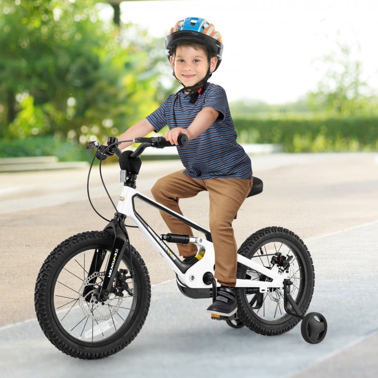 16-inch kids bike with adjustable saddle, magnesium alloy frame, training wheels, and dual disc brakes for safety.