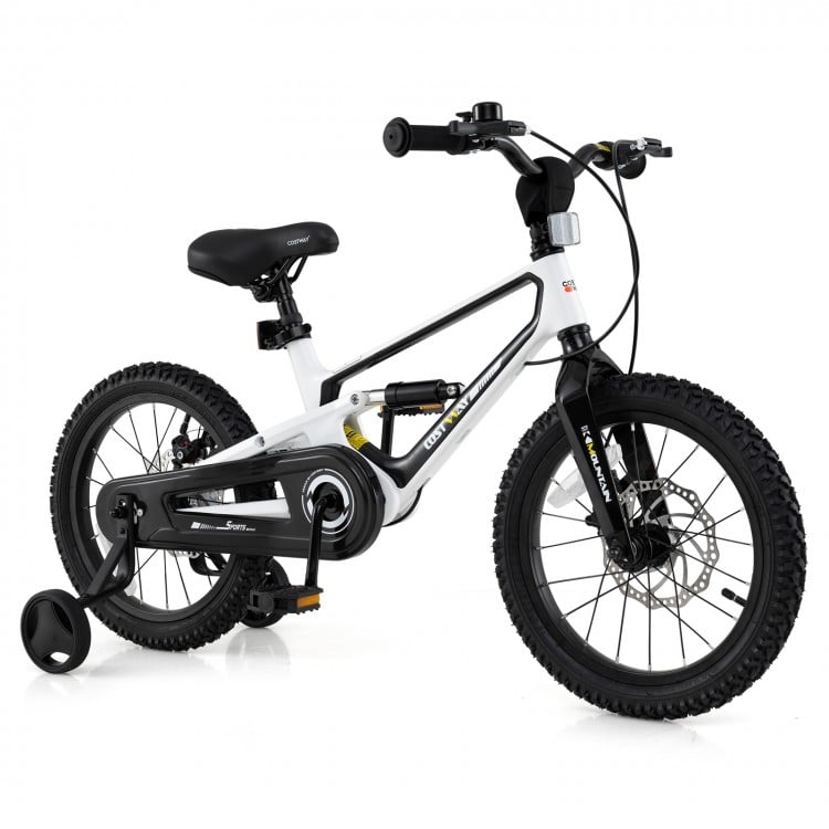 16-inch kids bike with adjustable saddle, magnesium alloy frame, dual disc brakes, and training wheels for ages 4 to 7.