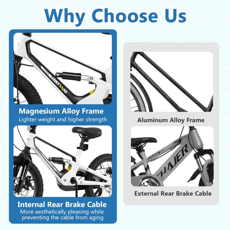 Magnesium alloy frame detail of a 16-inch kids bike with internal rear brake cable for enhanced safety and aesthetics.