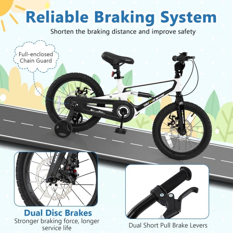 16-inch kids bike with adjustable saddle, dual disc brakes, and full-enclosed chain guard for safety and fun.