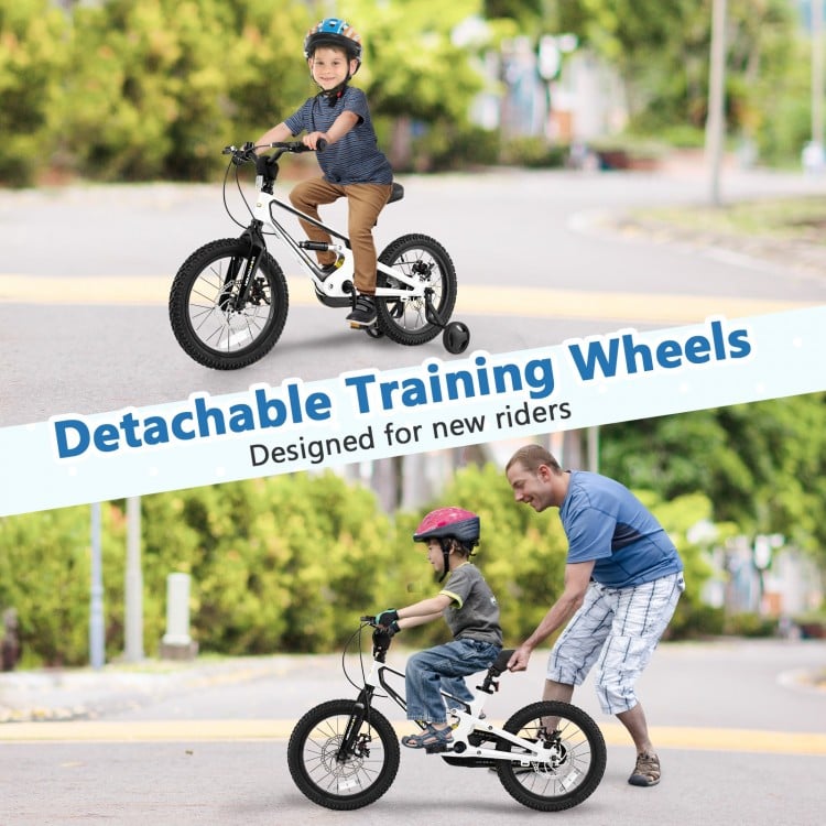 16-inch kids bike with detachable training wheels, adjustable saddle, and magnesium alloy frame for ages 4 to 7.