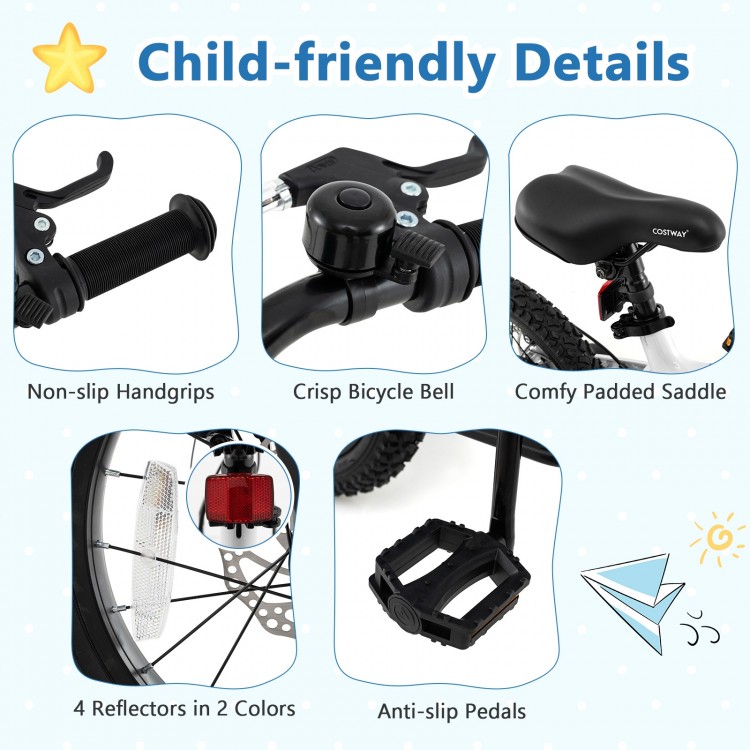 Child-friendly details of a 16-inch kids bike, featuring anti-slip pedals, reflectors, and a comfy padded saddle.