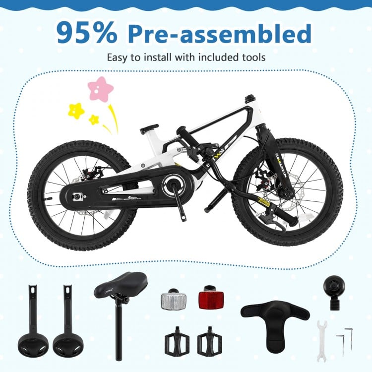 16-inch kids bike with magnesium alloy frame, adjustable saddle, dual disc brakes, and training wheels for ages 4 to 7.