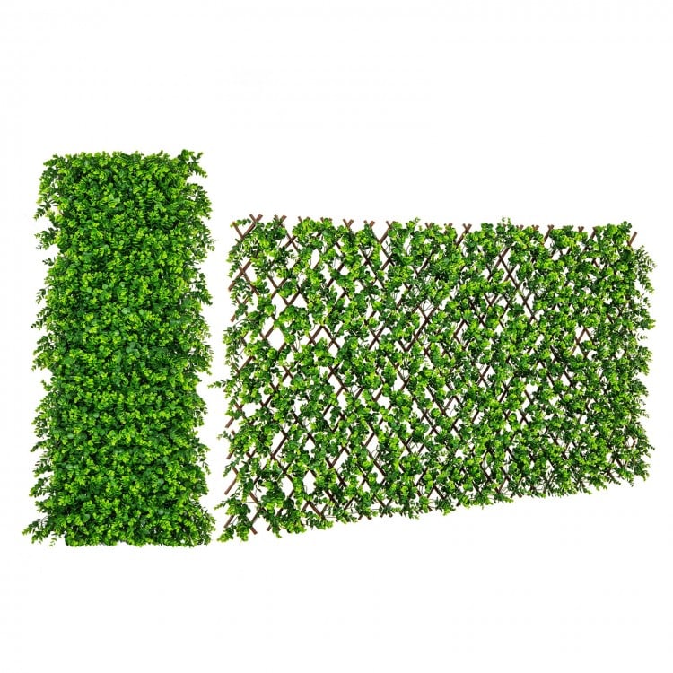 Expandable fence privacy screen featuring sun-protective artificial hedge with realistic faux eucalyptus leaves for.