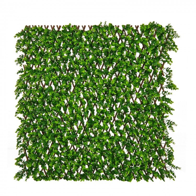 Expandable fence privacy screen featuring realistic faux green eucalyptus leaves for balcony and patio use.