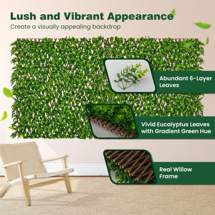 Expandable fence privacy screen featuring 6-layer faux eucalyptus leaves on a real willow frame for outdoor and indoor.