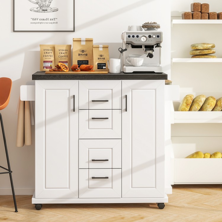 Rolling kitchen island cart in white with storage cabinets, drawers, and a large countertop, perfect for kitchen.
