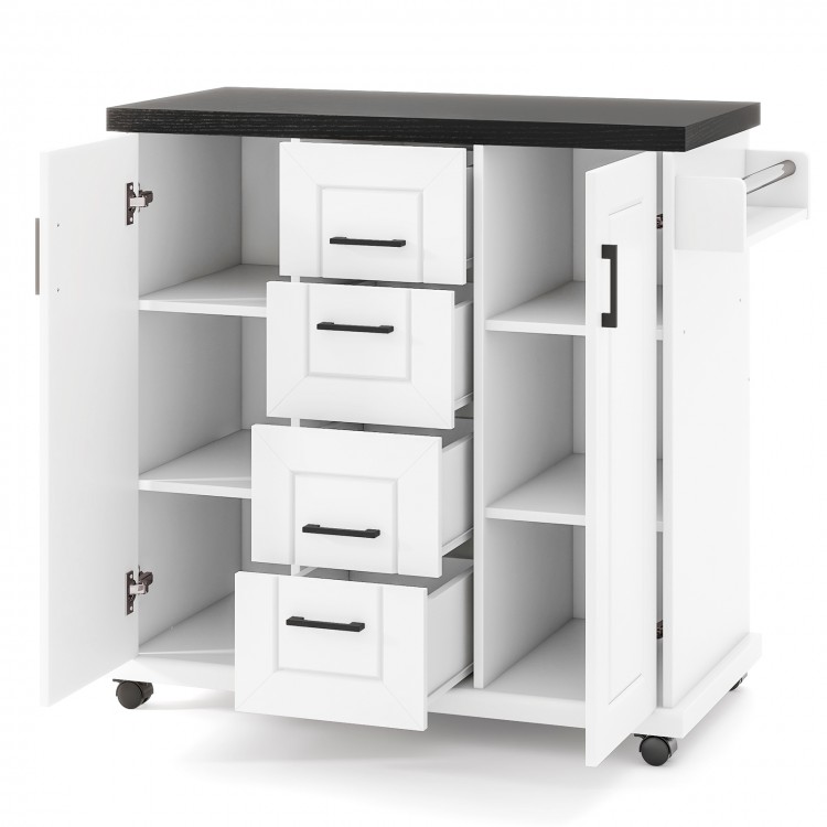 Rolling kitchen island cart with white storage cabinets, four drawers, and a black countertop on wheels for easy.