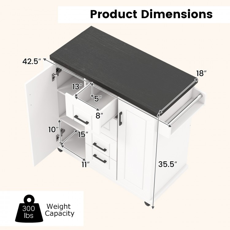 Rolling kitchen island cart dimensions with storage cabinets, drawers, and a wood-like countertop for organized kitchen.