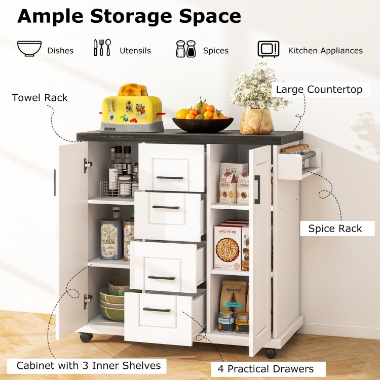 Rolling kitchen island cart in white with large countertop, 4 drawers, spice rack, and towel rack for organized storage.