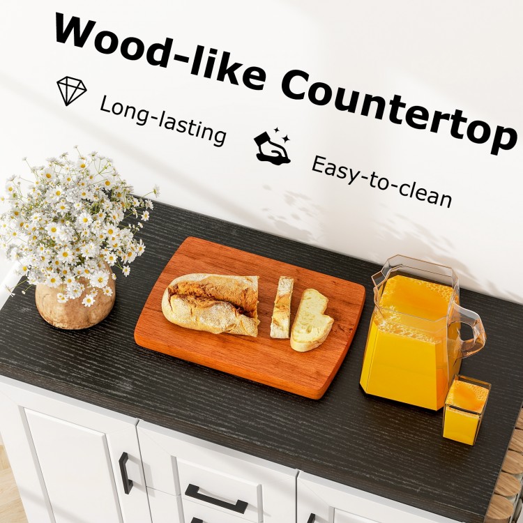 Rolling kitchen island cart with wood-like countertop, storage cabinets, and drawers for organized kitchen use.