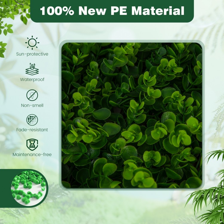 Close-up of sun-protective artificial hedge made from 100% new PE material, ideal for balcony privacy screens.