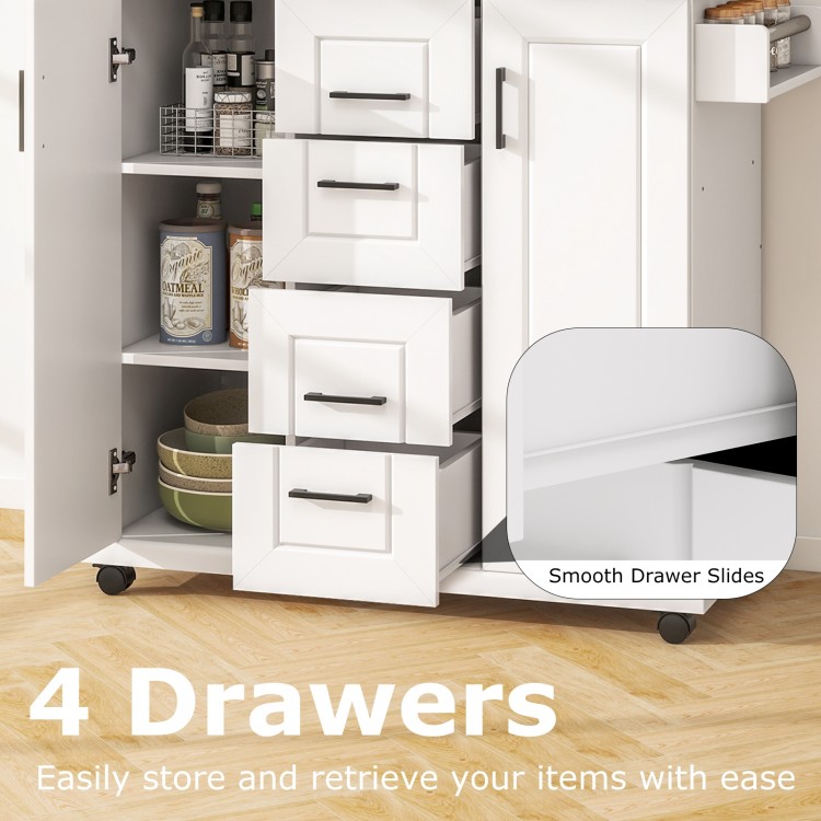 Rolling kitchen island cart with 4 drawers and storage cabinets, featuring smooth drawer slides for easy access.