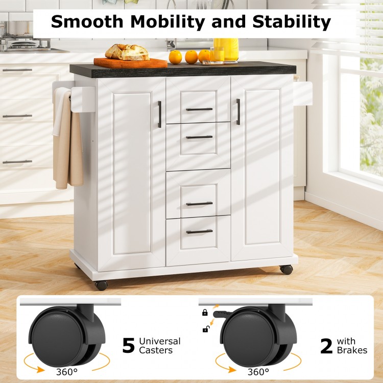 Rolling kitchen island cart in white with storage cabinets, 5 casters for mobility, and a large countertop for extra.