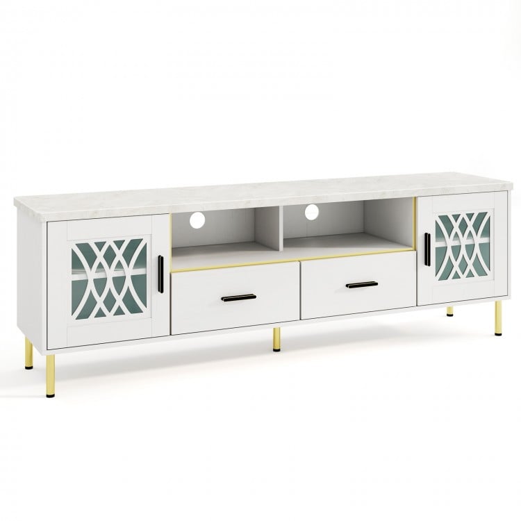 71-inch white TV stand with glass doors, faux marble top, ample storage, and cable management for up to 80-inch TVs.