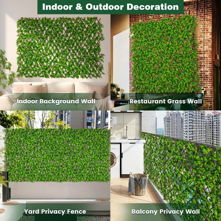 Expandable fence privacy screen with sun-protective artificial hedge, ideal for balconies and outdoor privacy solutions.