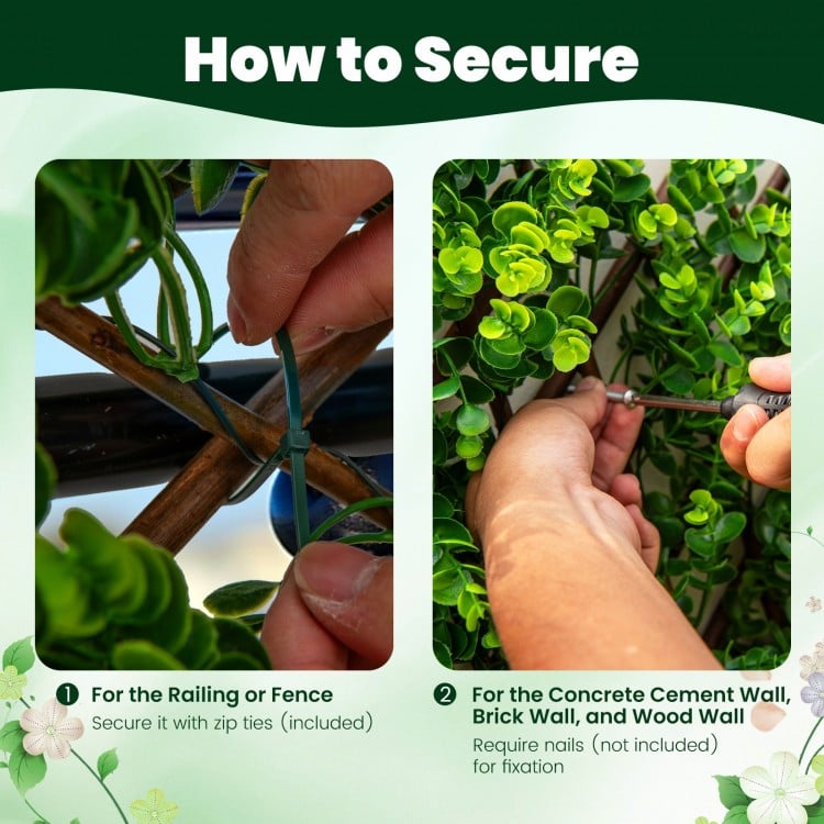 Securing the expandable fence privacy screen with zip ties for railing or fence installation, ideal for outdoor use.